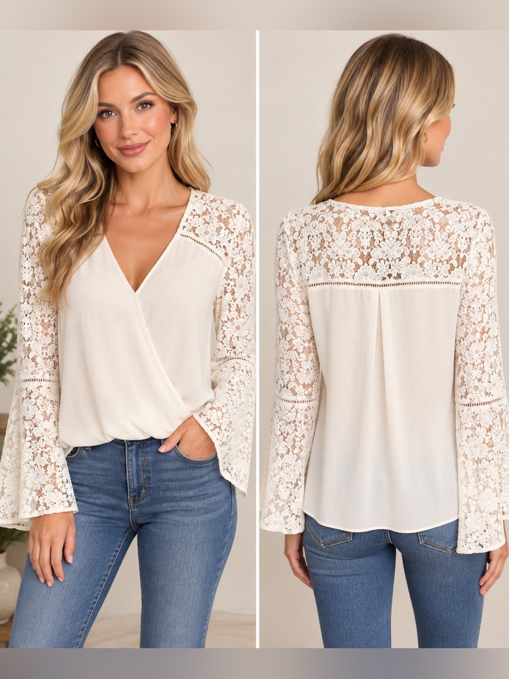 Bailey 44 Stevie Silk Bell Sleeve Surplice Lace Cream Blouse Size Large.